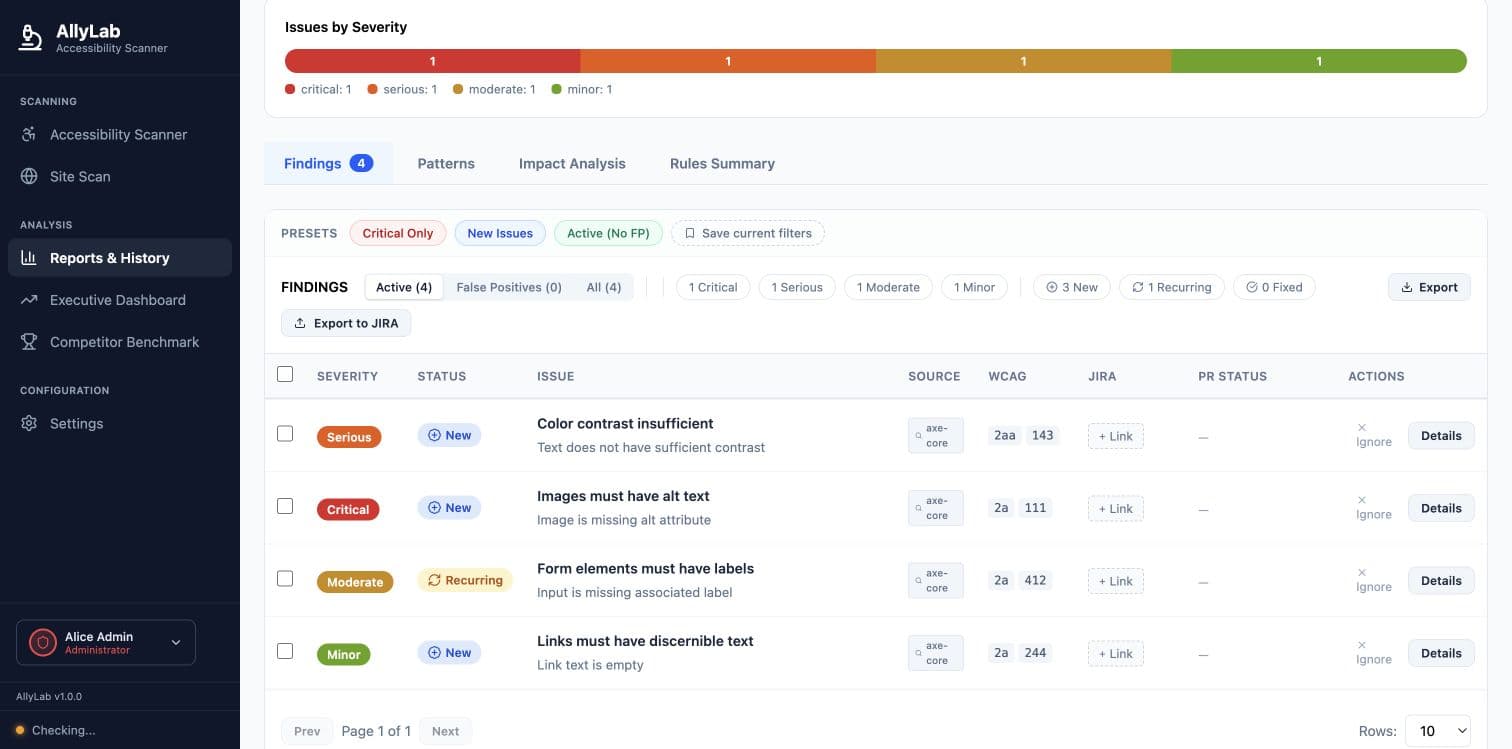 Real AllyLab findings table with four synthetic issues and separate severity and status columns
